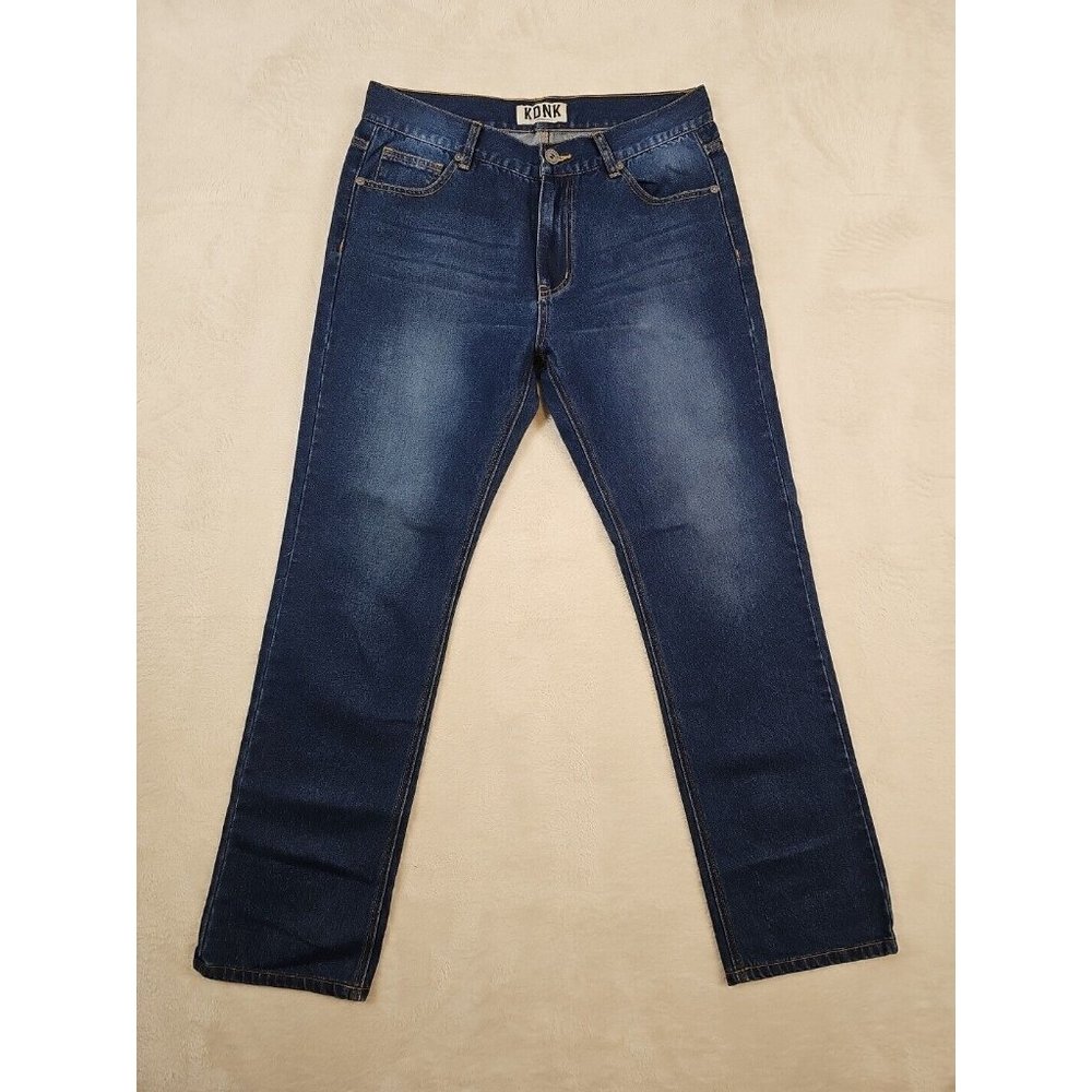 KDNK Mens 34 x 30 Denim Jeans Straight Leg Medium Wash Solid Blue
